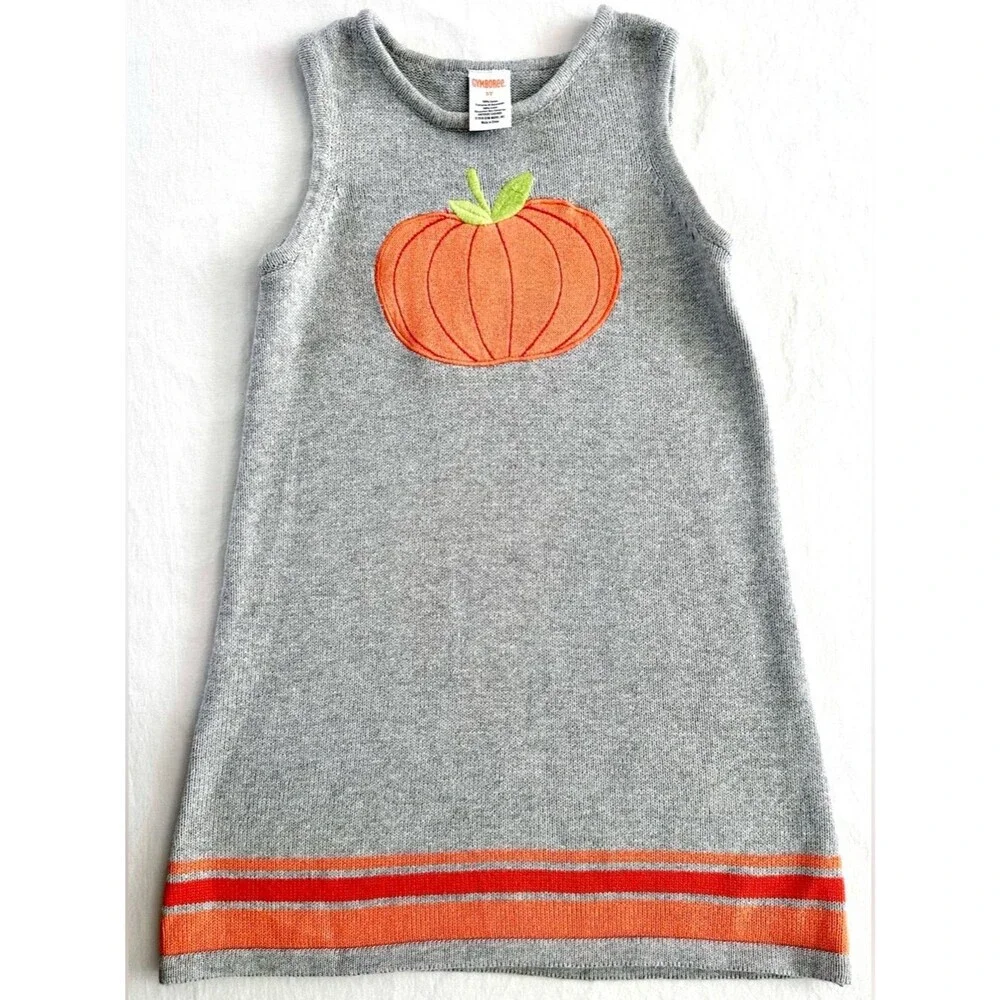 Gymboree Girls Pumpkin Sweater Dress Size 5T Fall Sleeveless Gray Orange